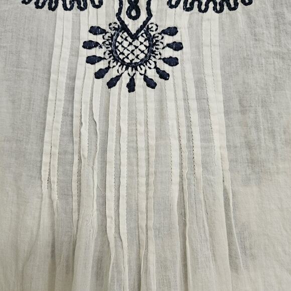 Max Edition Boho Peasant Style Blouse S Ivory Blue Embroidery Lg Beaded Pom Tie - Picture 8 of 11